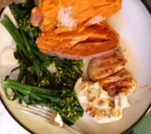 Broccolini, sweet potato and chicken: A healthy plate is mostly plant-based foods.